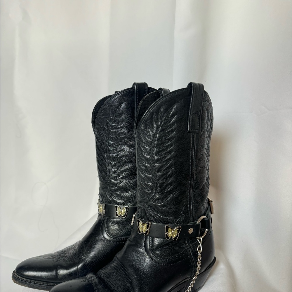 Black Leather Cowboy Boots with Butterfly Accents